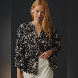 Anthropologie Pilcro Sidney Batwing Black Print Blouse Button Oversized XXSP